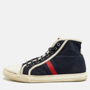 Gucci Navy Blue White Canvas and Leather Web Detail High Top Sneakers Men