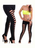 Generic Women's Candy Color Hollow Ripped Hole Elastic Skinny Pencil Pants Leggings Black