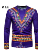 Generic T - Shirt Long Sleeve 3D Printing Round Collar Ethnic Style Slim Tops Navy Blue