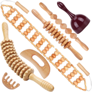  7pcs Natural Wooden Massage Tool Set - Includes Rounded Head Comb, Crescent Massage Board, Multi-roller Sticks, Burgundy Swedish Cup & Back Roller Rope For Body Care